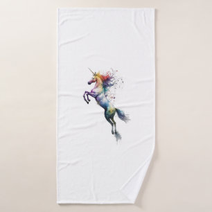 Abstract rainbow colored watercolor of an unicorn bath towel