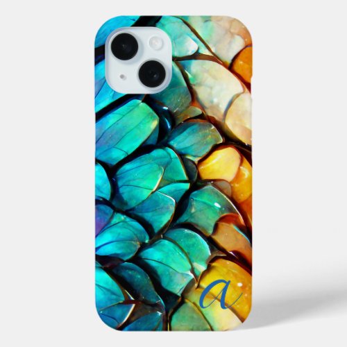 Abstract Rainbow Fish Scales Monogrammed Luxury iPhone 15 Case