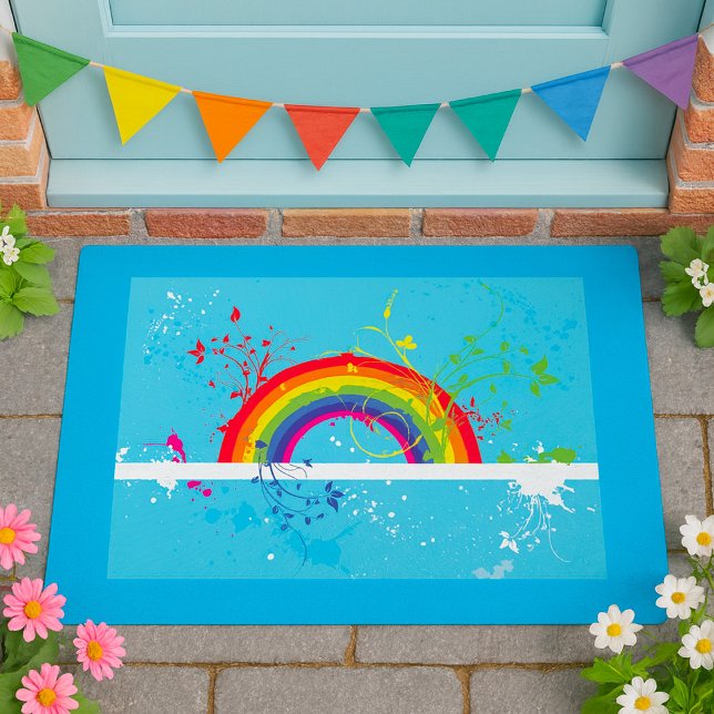 Abstract Rainbow Floral Swirls and Paint Splatter  Doormat (Creator Uploaded)