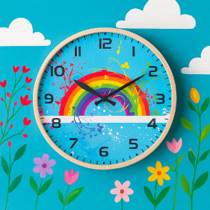 Abstract Rainbow Floral Swirls and Paint Splatter Large Clock