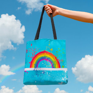Abstract Rainbow Floral Swirls and Paint Splatter Tote Bag