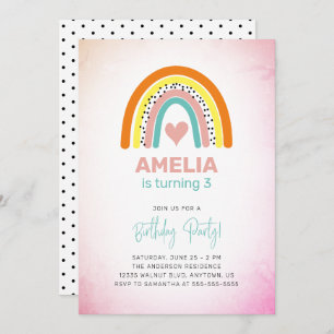 Abstract Rainbow Girls 3rd Birthday Party Invitation