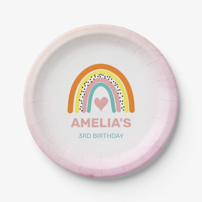Abstract Rainbow Girls 3rd Birthday Party Paper Plates (Front)