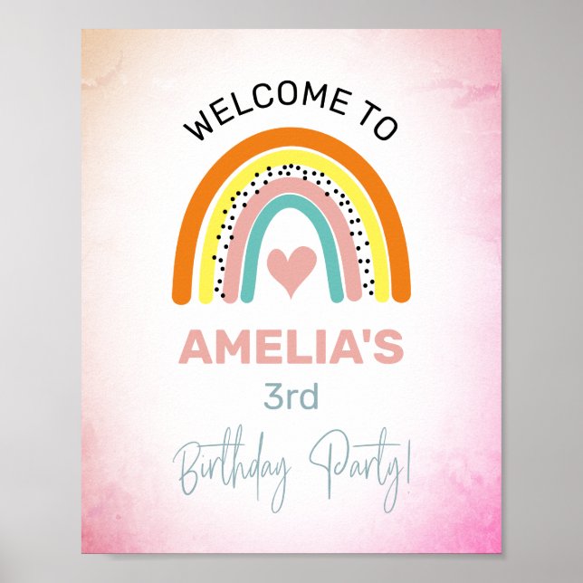 Abstract Rainbow Girl's 3rd Birthday Party Welcome Poster (Front)