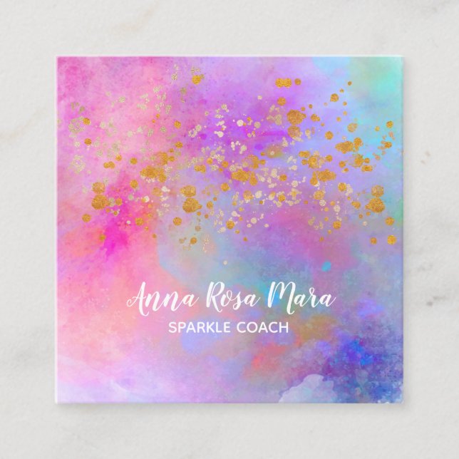 *~* Abstract Rainbow Gold Sparkle Glitter Square Business Card (Front)