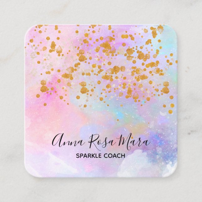 *~* Abstract Rainbow Gold Sparkle Glitter Square Business Card (Front)