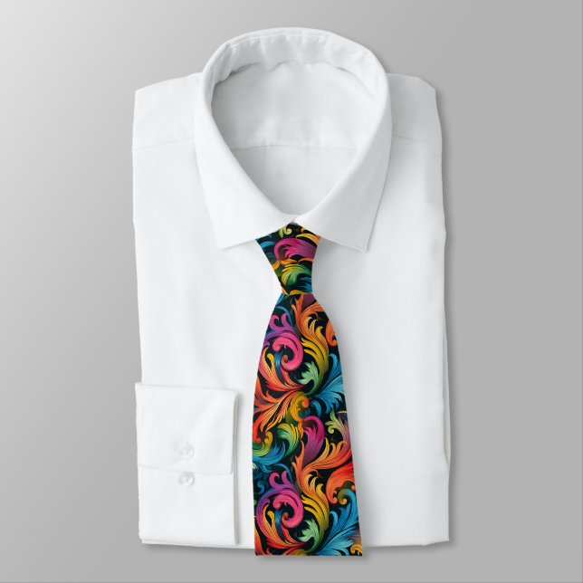 Abstract Rainbow Leaf Pattern Neck Tie (Tied)