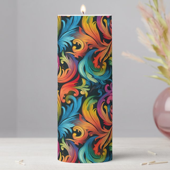 Abstract Rainbow Leaf Pattern Pillar Candle (In Situ)