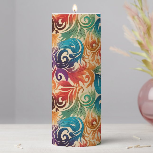 Abstract Rainbow Leaves Pattern Pillar Candle (In Situ)
