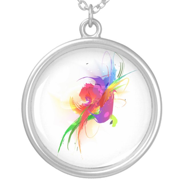 Abstract Rainbow Lorikeet Paint Splatters Silver Plated Necklace (Front)