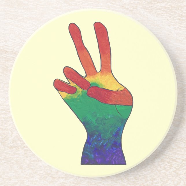 Abstract rainbow peace hand sign beverage coasters (Front)