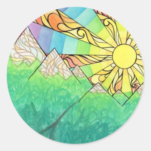 Abstract Rainbow Sun Setting Watercolor  Marker Classic Round Sticker