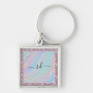 Abstract Rainbow Texture and Pink Crystal Keychain