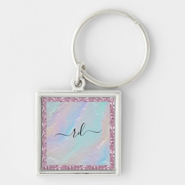 Abstract Rainbow Texture and Pink Crystal Keychain (Front)