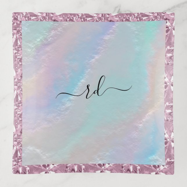 Abstract Rainbow Texture and Pink Crystal Trinket Tray (Front)