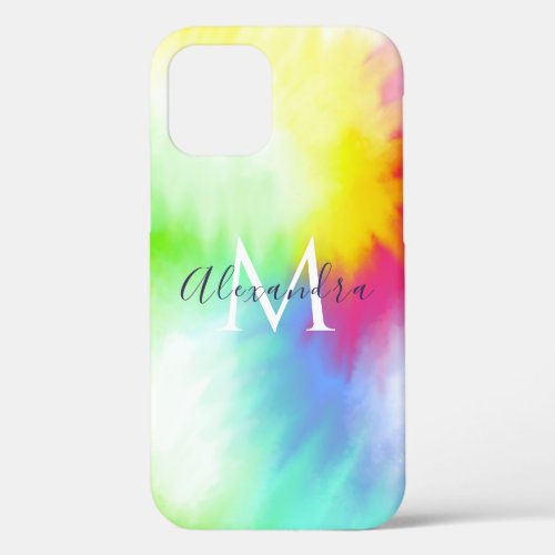 Abstract Rainbow Tie Dye Monogram  Name Colorful iPhone 12 Case