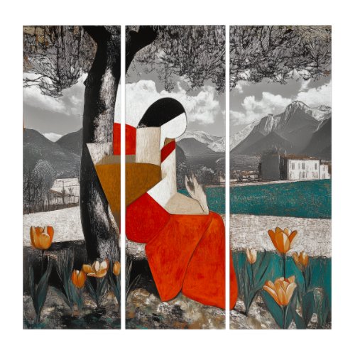 Abstract Reader on Italian lake Triptych Wall Art