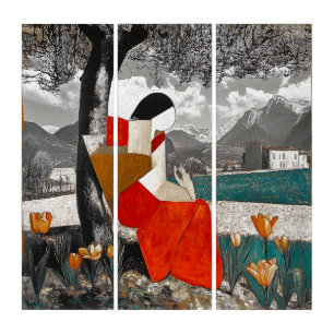 Abstract Reader on Italian lake Triptych Wall Art