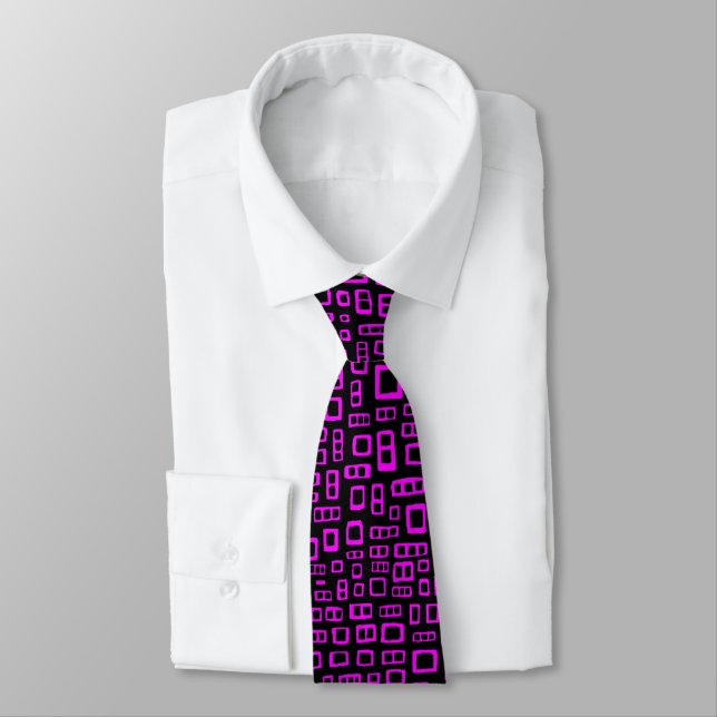 Abstract Rectangles - Magenta on Black Neck Tie (Tied)