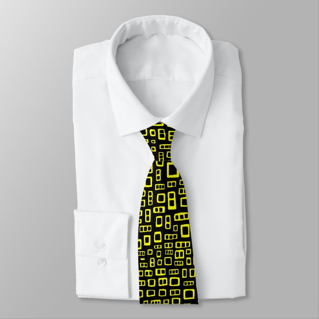 Abstract Rectangles - Yellow on Black Neck Tie (Tied)