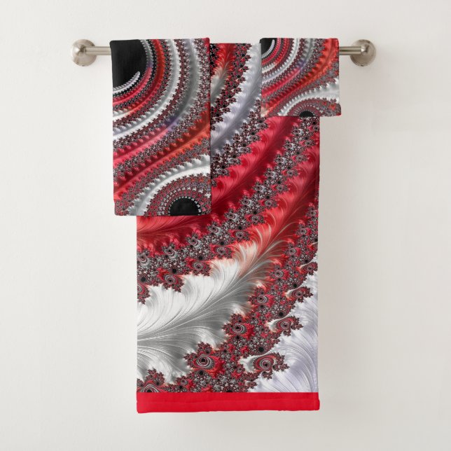 Abstract Red and Black Gradient Spiral Fractal Bath Towel Set (Insitu)