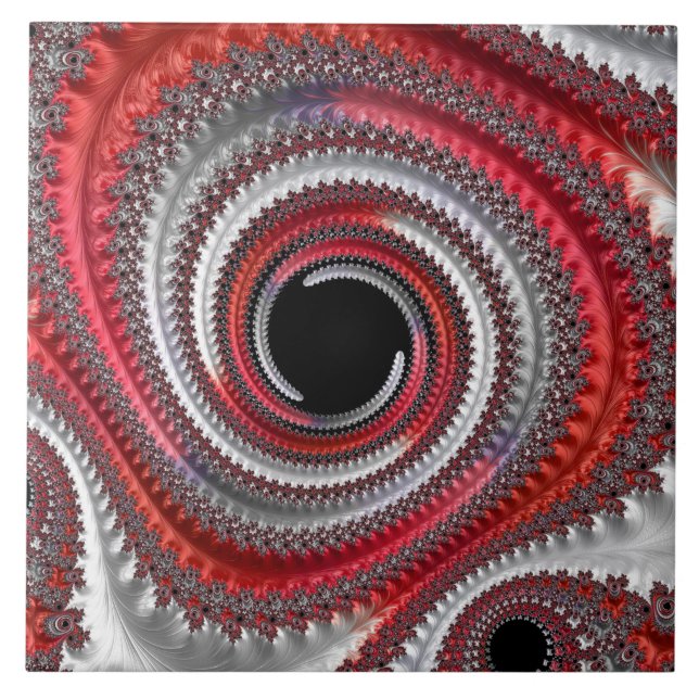 Abstract Red and Black Gradient Spiral Fractal Ceramic Tile (Front)