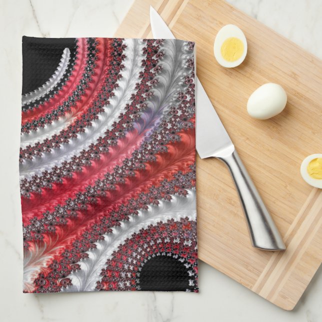Abstract Red and Black Gradient Spiral Fractal Kitchen Towel (Quarter Fold)