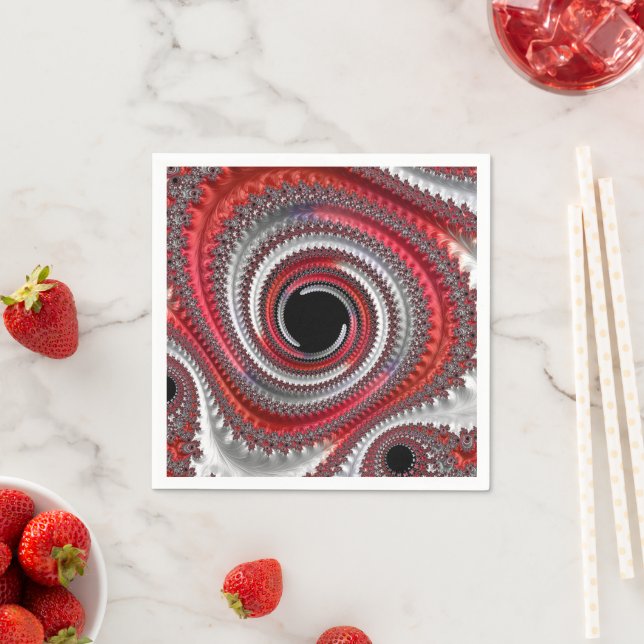 Abstract Red and Black Gradient Spiral Fractal Napkins (Insitu)