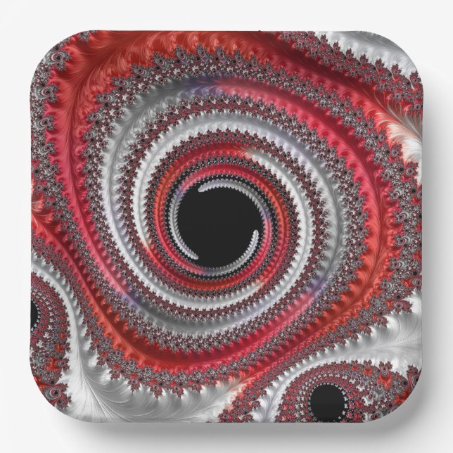 Abstract Red and Black Gradient Spiral Fractal Paper Plates (Front)