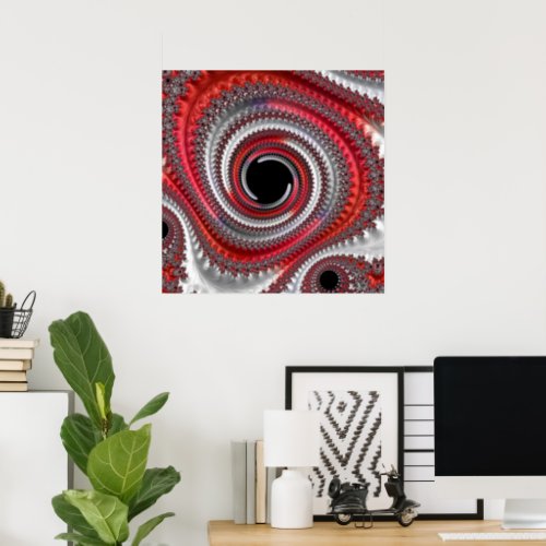 Abstract Red and Black Gradient Spiral Fractal Poster