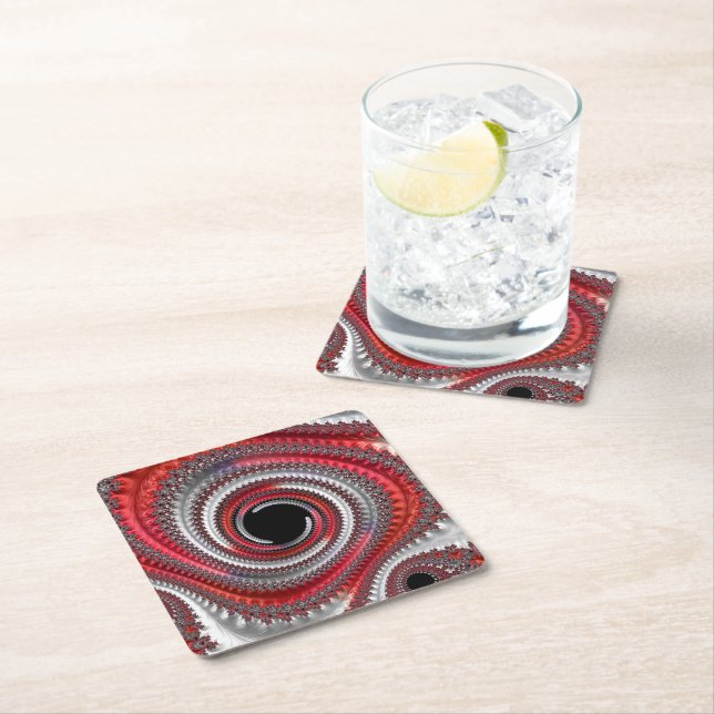 Abstract Red and Black Gradient Spiral Fractal Square Paper Coaster (Insitu)