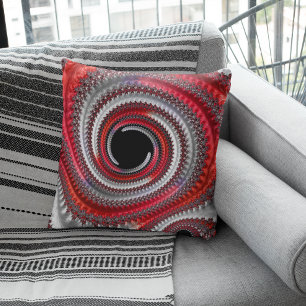 Abstract Red and Black Gradient Spiral Fractal Throw Pillow