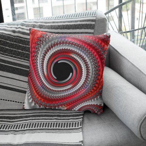 Abstract Red and Black Gradient Spiral Fractal Throw Pillow