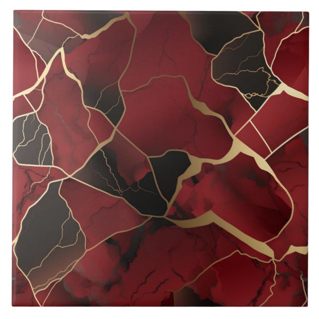 Abstract Red and Black Marble Effect Ceramic Tile (Front)