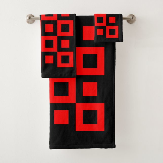 Abstract Red and Black Squares Bathroom Towel Set (Insitu)
