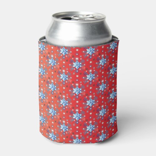 Abstract red and blue Christmas snowflakes Can Cooler