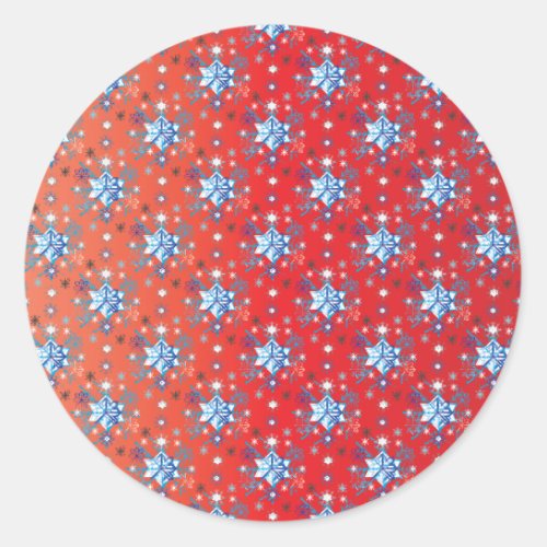Abstract red and blue Christmas snowflakes Classic Round Sticker