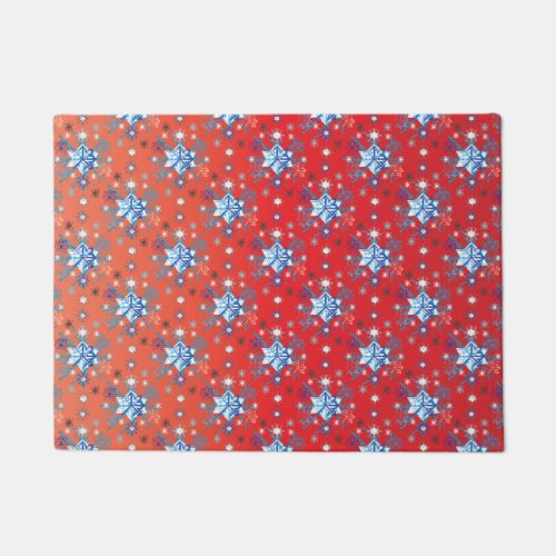 Abstract red and blue Christmas snowflakes Doormat