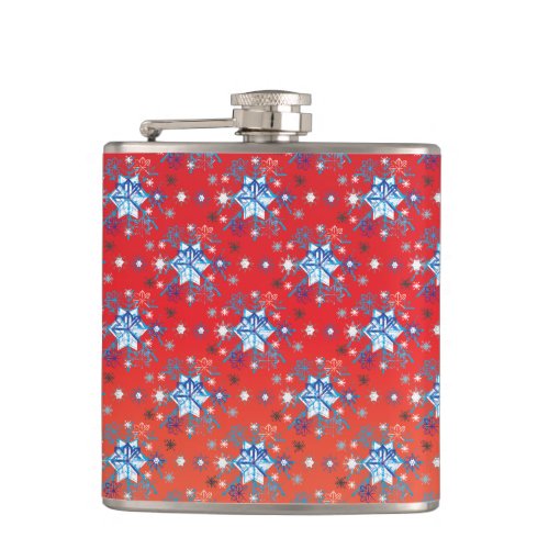 Abstract red and blue Christmas snowflakes Flask