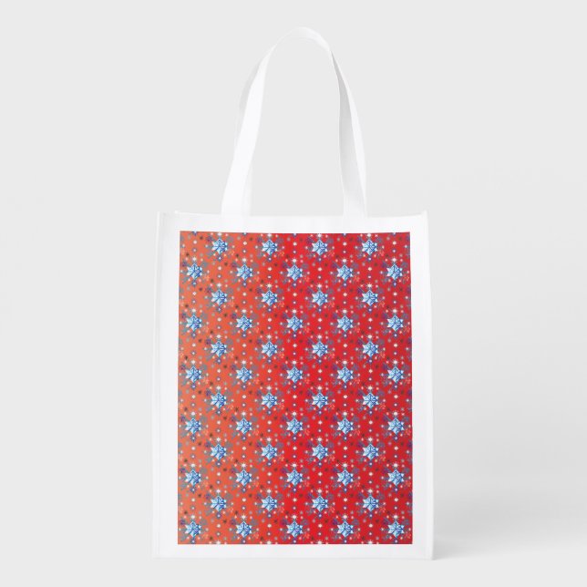 Abstract red and blue Christmas snowflakes Reusable Grocery Bag (Back)