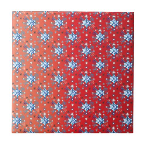 Abstract red and blue Christmas snowflakes Tile