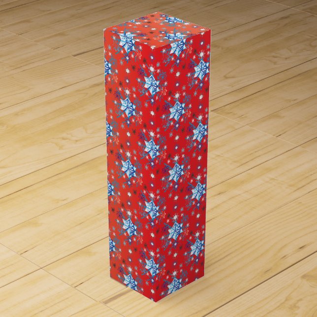 Abstract red and blue Christmas snowflakes Wine Gift Box (Front)