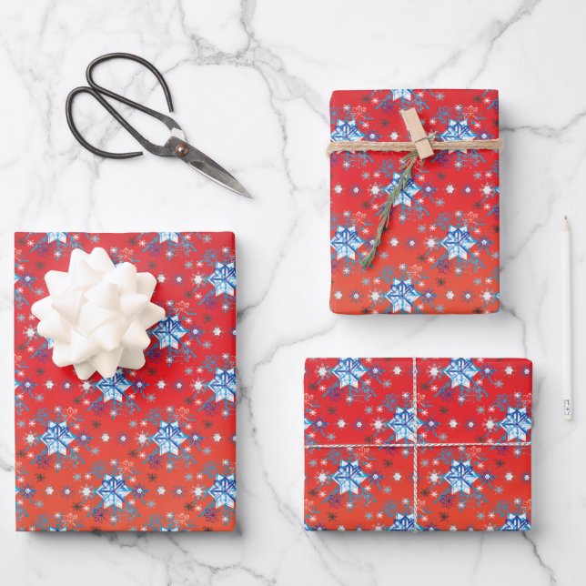 Abstract red and blue Christmas snowflakes Wrapping Paper Sheets (Front)