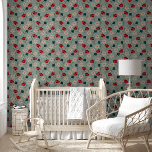 Abstract Red and Green Flowers on Gray Wallpaper