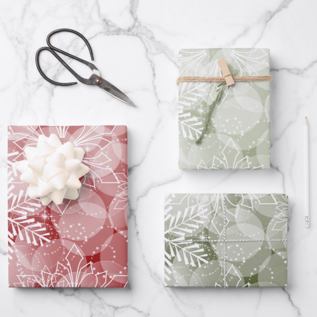Abstract Red and Green Snowflakes and Holly Wrapping Paper Sheets (Front)