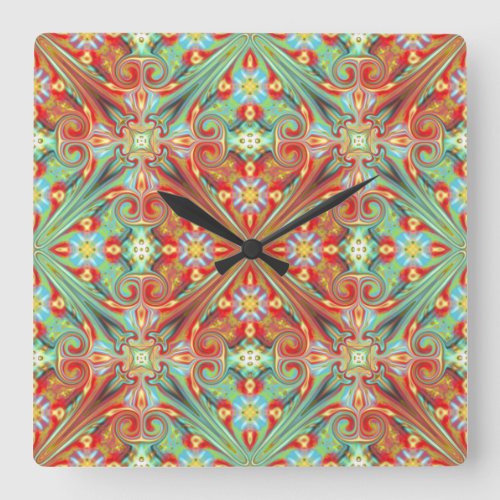 Abstract Red And Teal Pattern Square Wall Clock