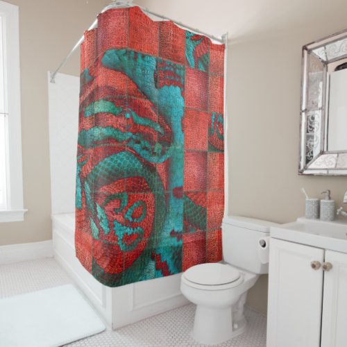 Abstract Red and Teal Snack on Leather Texture Shower Curtain