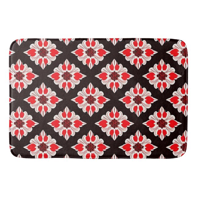 Abstract Red and White Floral Pattern Bath Mat (Front)