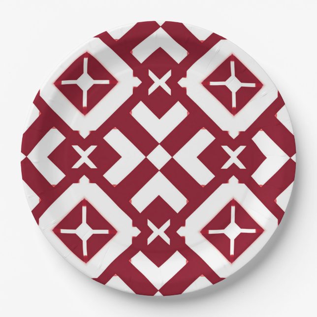 Abstract Red and White Geometric Pattern Paper Plates (Front)