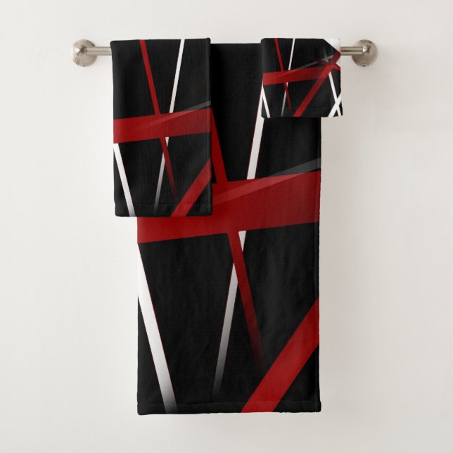 Abstract Red and White Lines On Black Background P Bath Towel Set (Insitu)